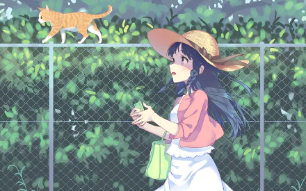An anime girl with pink eyes, black braided hair, and a hat stands near a fence, looking at a cat walking along it. Lush greenery fills the background.
