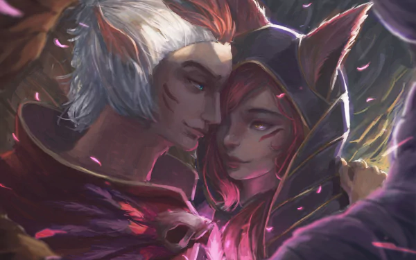 HD desktop wallpaper featuring League of Legends characters Xayah and Rakan in a close, tender moment, surrounded by soft lighting and falling petals.