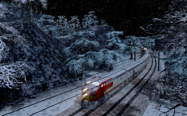 HD PC desktop wallpaper of a red passenger train winding through a snowy forest at night — Cities: Skylines video game scene.