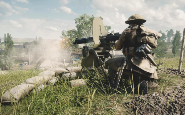 HD Battlefield 1 desktop wallpaper depicting a World War I soldier operating a machine gun in a military battlefield setting.