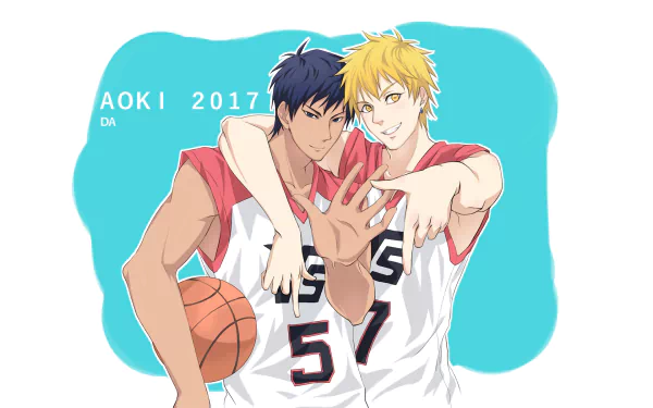 HD PC desktop wallpaper background: anime Kuroko's Basketball art of two players in jerseys (5 and 7), one holding a basketball with his arm around his teammate against a teal backdrop.