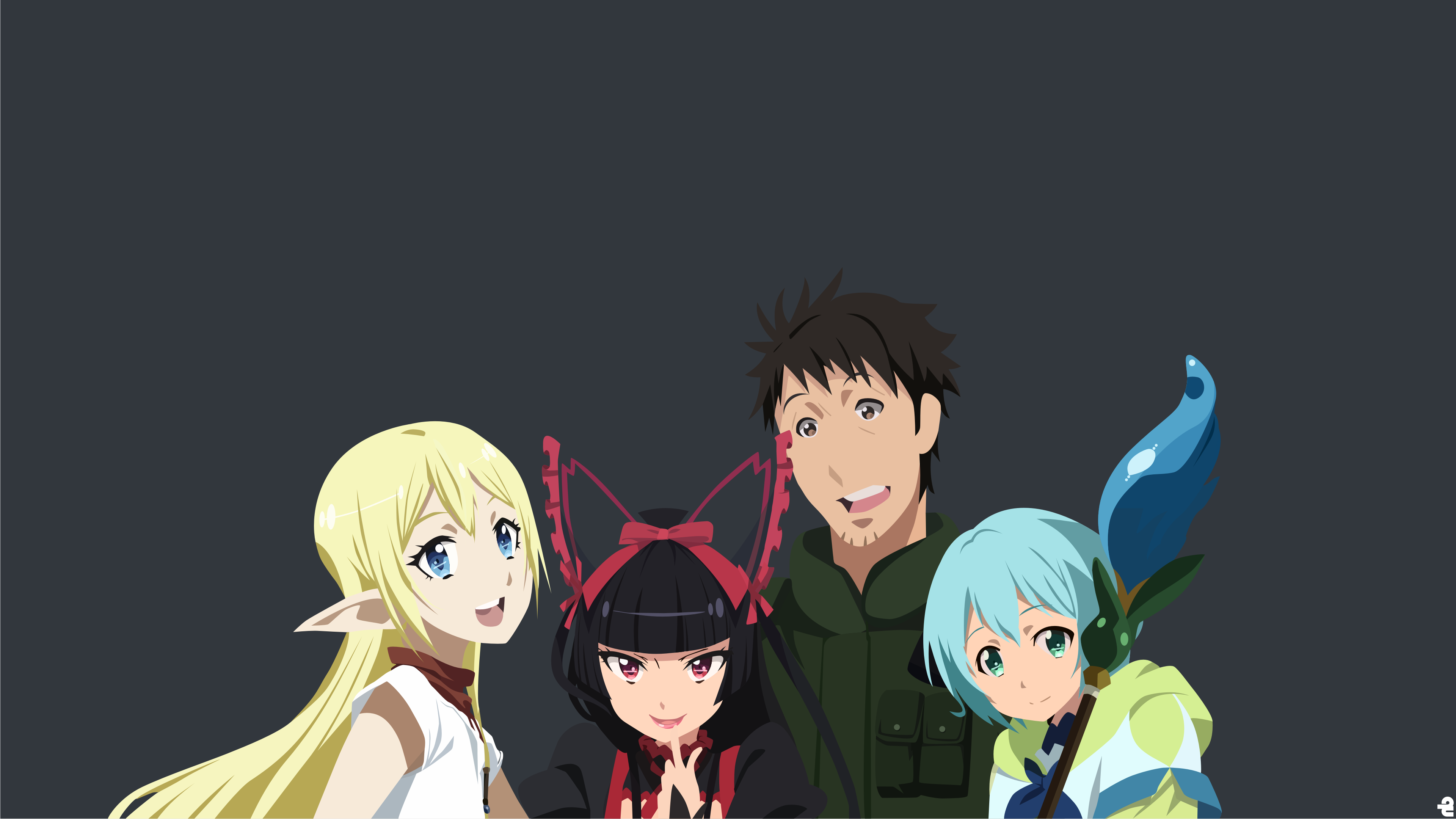 anime girls, Gate: Jieitai Kanochi nite Kaku Tatakaeri, Rory Mercury,  minimalism, Itami Youji, Lelei La Lelena, Tuka Luna Marceau, vector,  collage