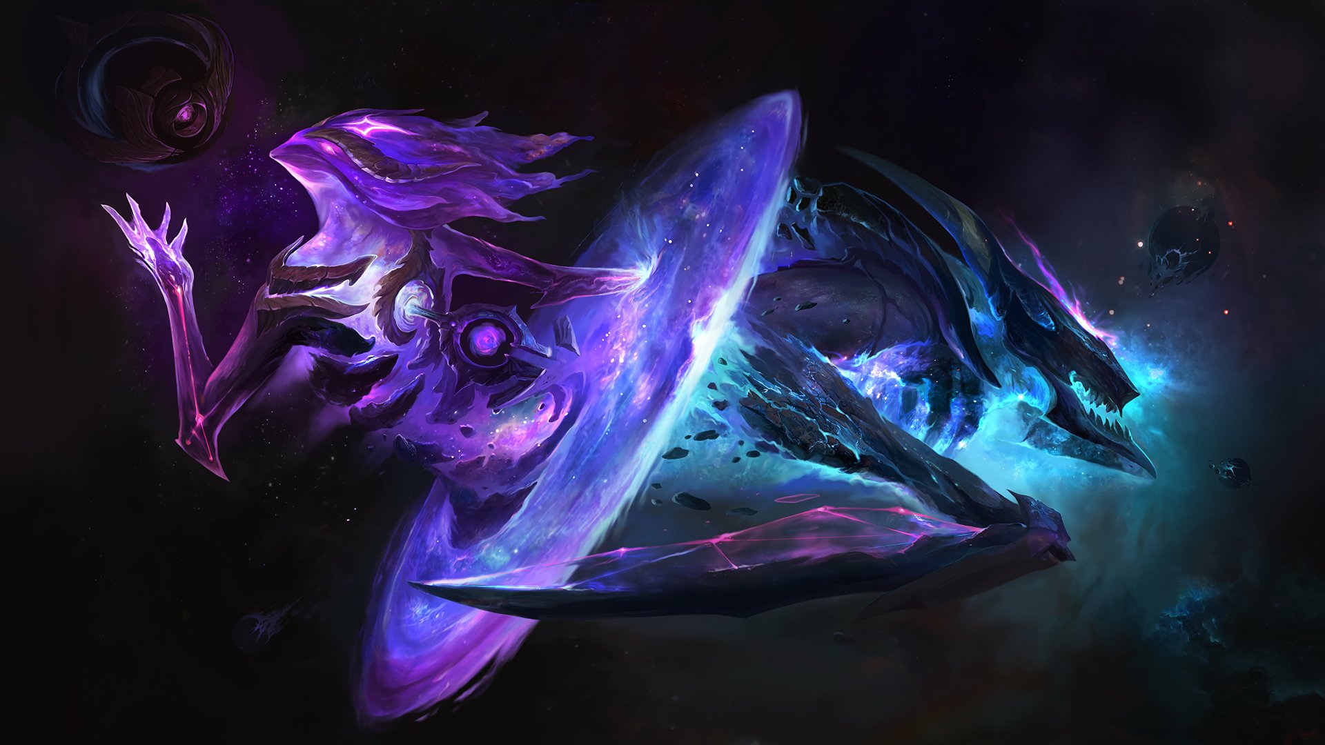 HD desktop wallpaper featuring Kha'Zix and Orianna from League of Legends, showcasing vivid colors in a dynamic space-themed background.