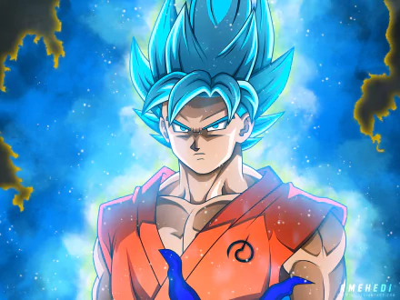 Goku in Super Saiyan Blue form from Dragon Ball Super, depicted in vibrant 8K Ultra HD anime style for a dynamic PC desktop wallpaper.