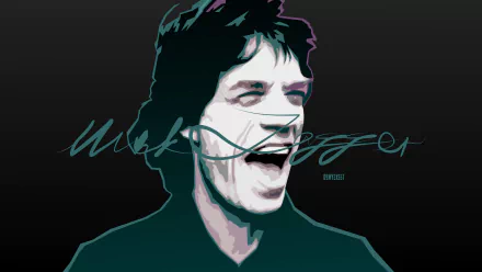 HD desktop wallpaper of The Rolling Stones' singer and musician, Mick Jagger, depicted in a stylized portrait with his name written across the image.
