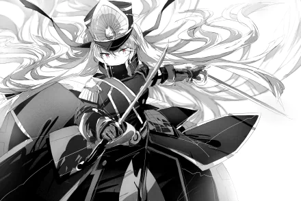 HD desktop wallpaper featuring Gunpuku no Himegimi from Anime Re:Creators, showcasing a dynamic and intense black-and-white scene with a character in a detailed military-style outfit.