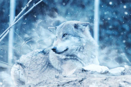 A wolf lying down in a snowy forest, captured in high definition, creating a striking PC desktop wallpaper and background.