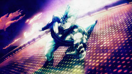HD PC desktop wallpaper — Jean Pierre Polnareff (Anime: JoJo's Bizarre Adventure) lunging in a neon-lit, high-contrast action pose across a patterned rooftop.
