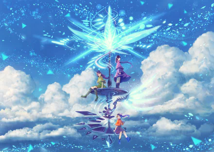 Anime HD wallpaper featuring three characters with ponytails and braids, one with purple hair. They're wearing boots, standing on a floating, futuristic platform against a sky with clouds and vibrant blue energy.