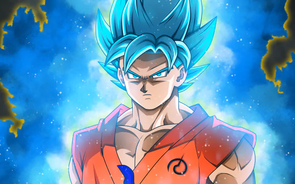 Goku in Super Saiyan Blue form from Dragon Ball Super, depicted in vibrant 8K Ultra HD anime style for a dynamic PC desktop wallpaper.