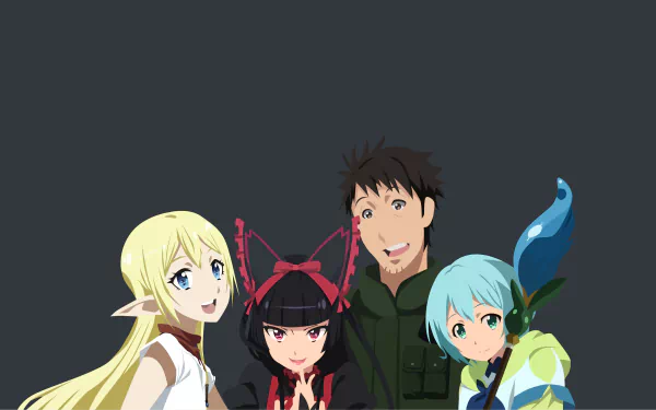 HD desktop wallpaper featuring Yōji Itami, Lelei la Lalena, Rory Mercury, and Tuka Luna Marceau from the anime Gate: Jieitai Kanochi nite Kaku Tatakaeri (2015).