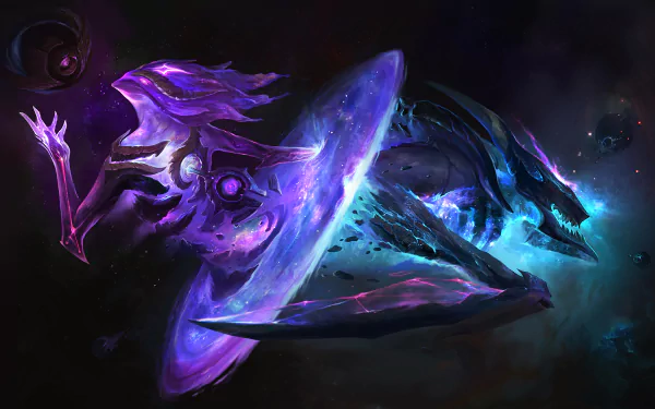 HD desktop wallpaper featuring Kha'Zix and Orianna from League of Legends, showcasing vivid colors in a dynamic space-themed background.