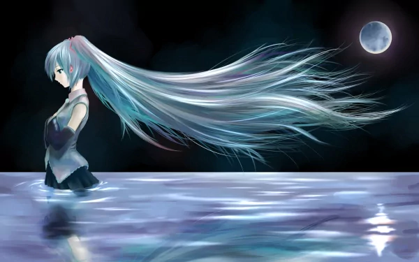 HD desktop wallpaper featuring Hatsune Miku from Vocaloid, with long blue hair flowing as she stands in water under a moonlit sky. The scene has a calming and serene blue color scheme.