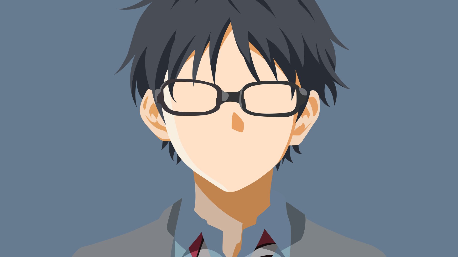 4K Ultra HD anime wallpaper of Kousei Arima from Your Lie in April — head-and-shoulders portrait with glasses and school uniform on a muted gray background.