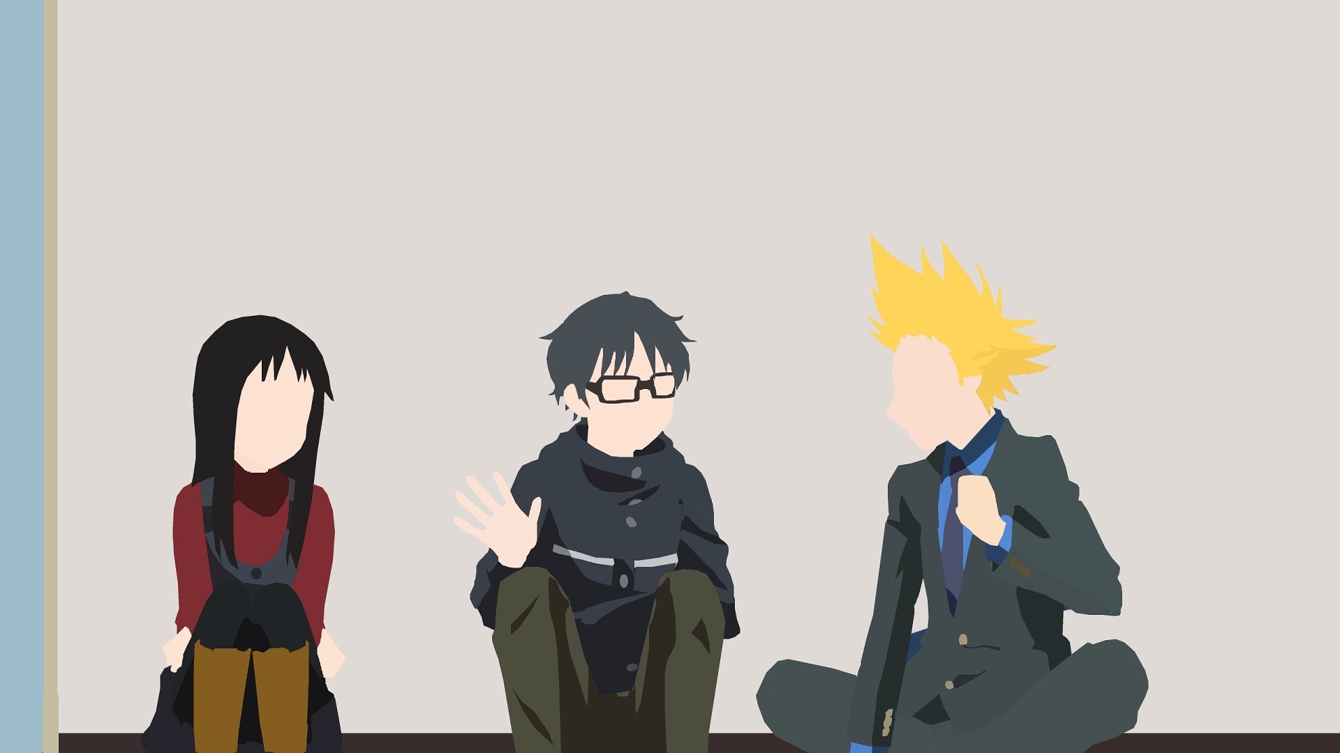 HD anime wallpaper featuring Emi Igawa, Takeshi Aiza, and Kousei Arima from Your Lie in April in a minimalist style.