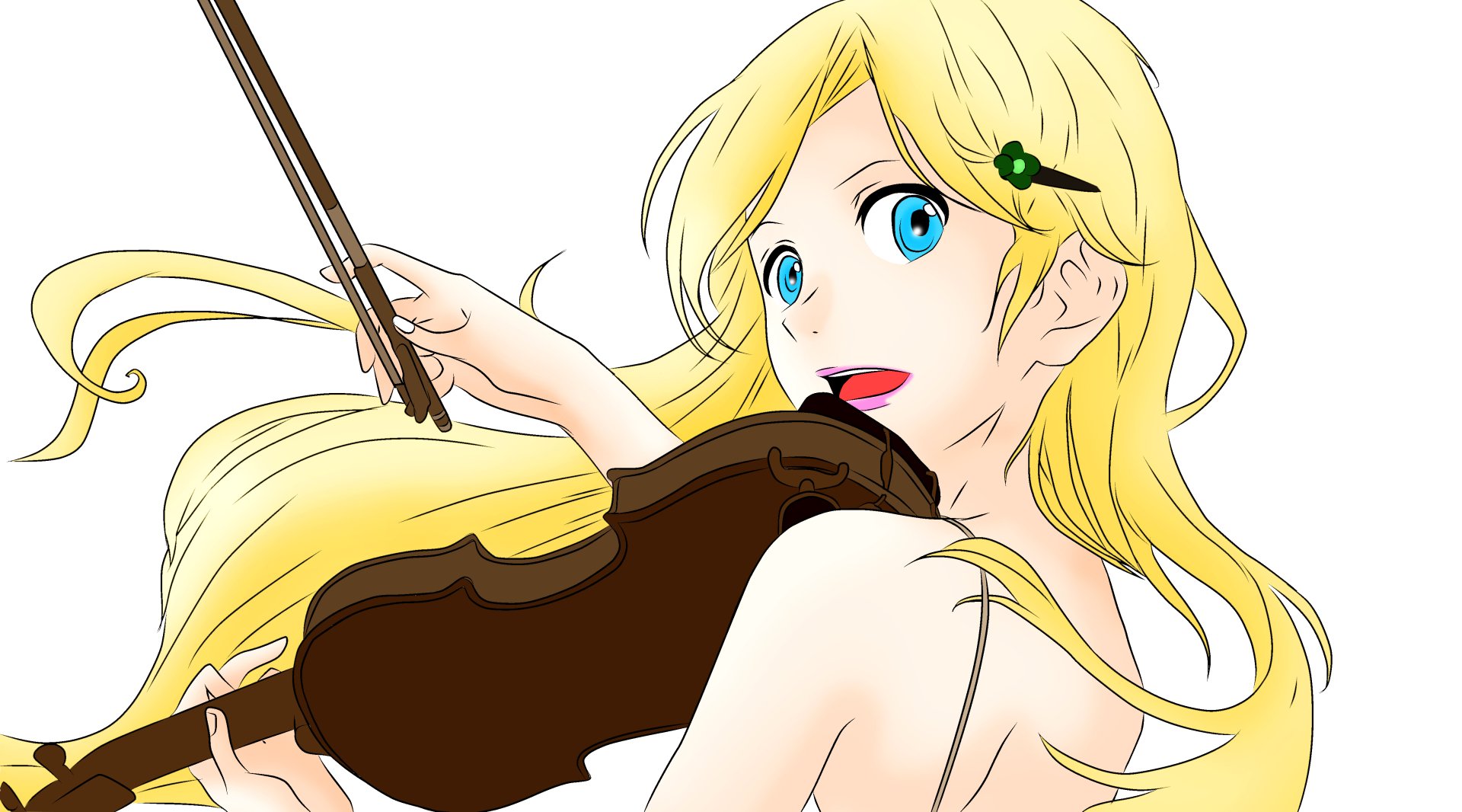 Kaori Miyazono from the anime Your Lie in April playing the violin, depicted in a vibrant 4K Ultra HD PC desktop wallpaper.