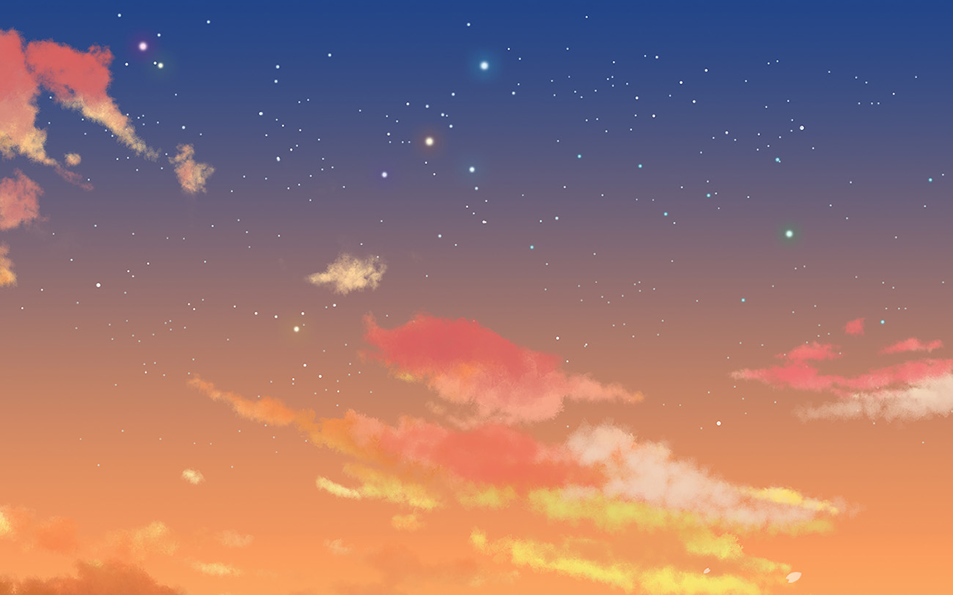 Anime HD PC desktop wallpaper/background — Your Lie in April: starry twilight sky with orange-pink clouds and a soft purple gradient.