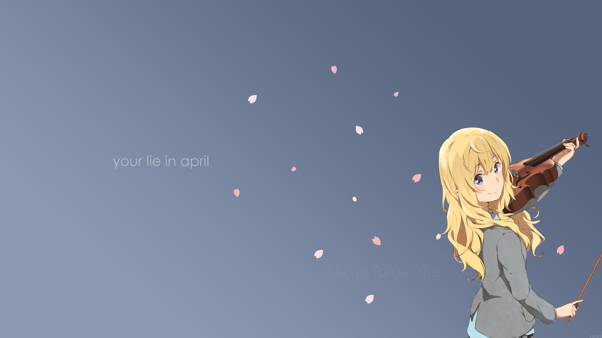 HD anime wallpaper featuring Kaori Miyazono from Your Lie in April playing the violin against a clear sky with scattered cherry blossom petals.