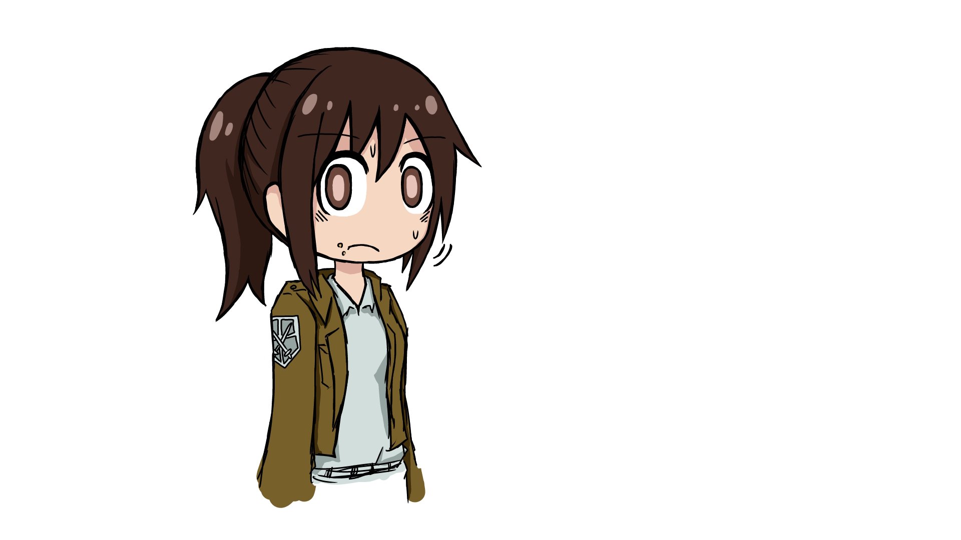 Chibi Sasha Blouse from Attack on Titan in a Survey Corps jacket, surprised expression on a white background — HD PC desktop wallpaper and background.