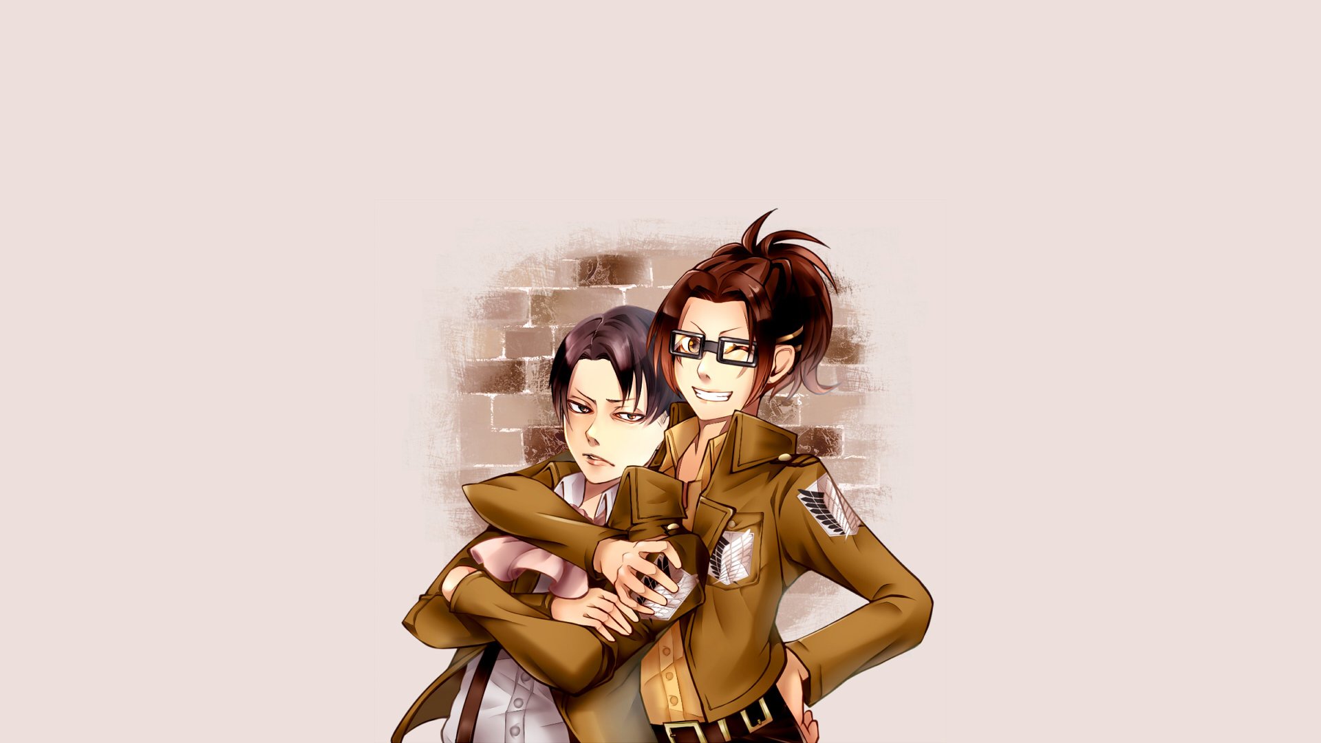 HD anime desktop wallpaper featuring Hange Zoë and Levi Ackerman from Attack on Titan, showcasing their close bond against a soft, light background.