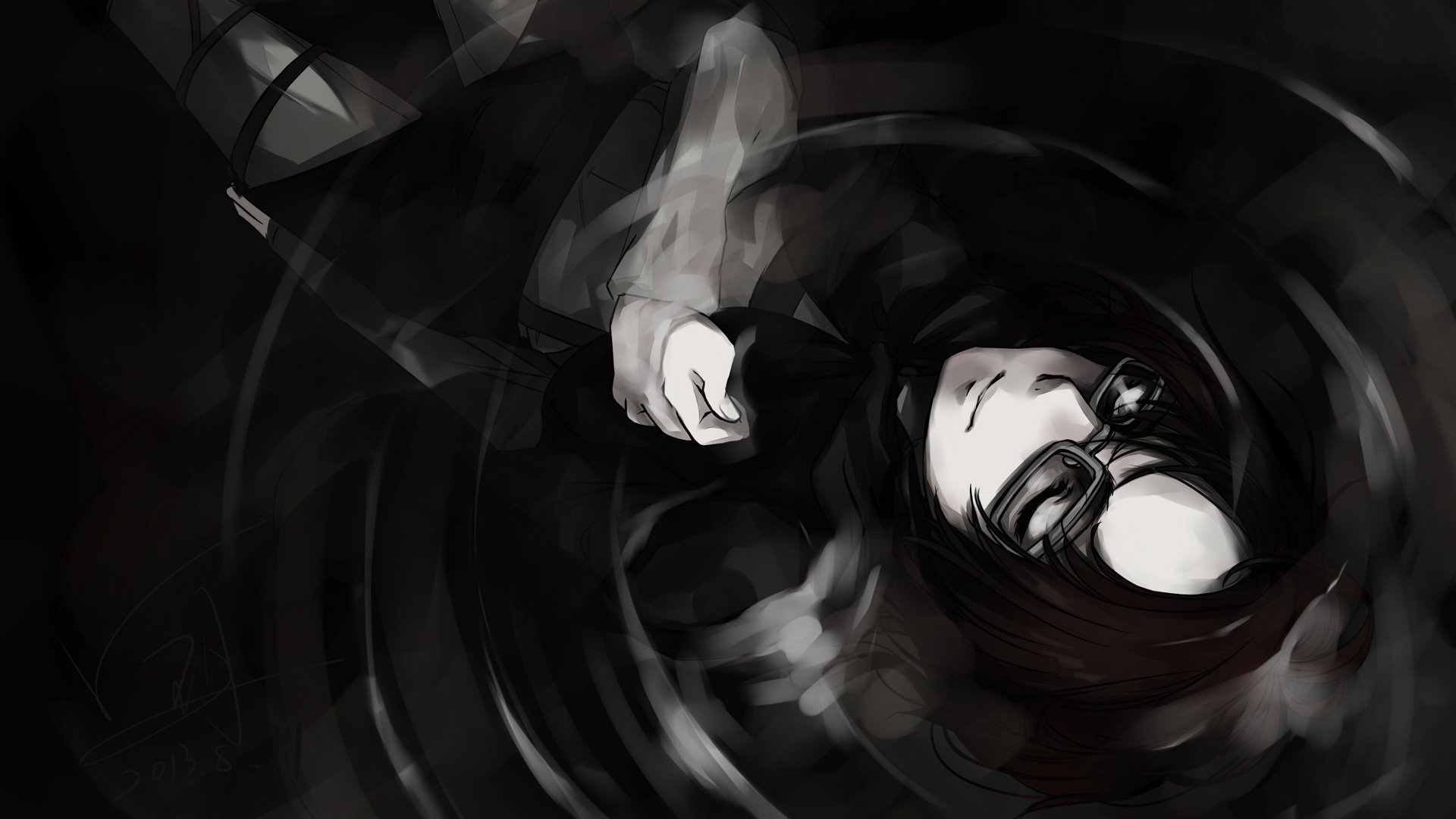 HD PC desktop wallpaper featuring Hange Zoë from the anime Attack on Titan, depicted in dark tones with a focus on her face and outstretched hand.