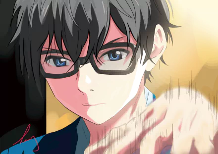 HD PC desktop wallpaper of Kousei Arima from Your Lie in April — anime close-up with glasses, focused blue eyes and warm backlight.