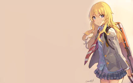 HD desktop wallpaper featuring Kaori Miyazono from the anime Your Lie in April, wearing a school uniform with a skirt and carrying a violin case.