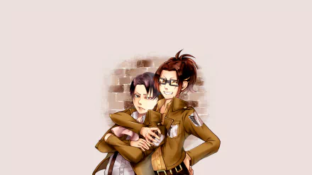 HD anime desktop wallpaper featuring Hange Zoë and Levi Ackerman from Attack on Titan, showcasing their close bond against a soft, light background.