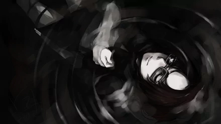 HD PC desktop wallpaper featuring Hange Zoë from the anime Attack on Titan, depicted in dark tones with a focus on her face and outstretched hand.