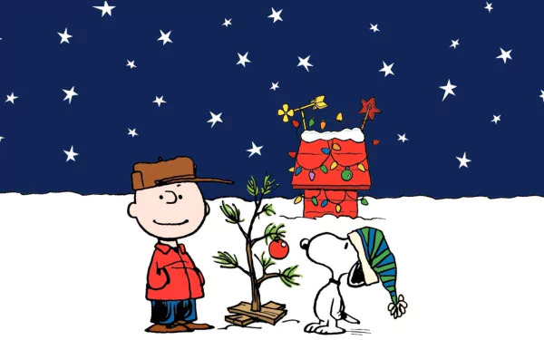 Charlie Brown and Snoopy stand by a small, decorated Christmas tree against a starry night backdrop, with Snoopy's festive red doghouse in the background. From the movie A Charlie Brown Christmas. HD wallpaper.