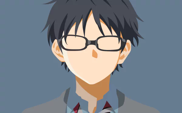 4K Ultra HD anime wallpaper of Kousei Arima from Your Lie in April — head-and-shoulders portrait with glasses and school uniform on a muted gray background.