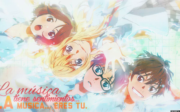 A vibrant HD wallpaper featuring characters Ryota Watari, Tsubaki Sawabe, Kousei Arima, and Kaori Miyazono from the anime Your Lie in April, surrounded by a colorful, watery backdrop.