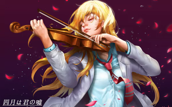 HD anime wallpaper of Kaori Miyazono from Your Lie in April playing the violin passionately, with flowing blonde hair and rose petals surrounding her.