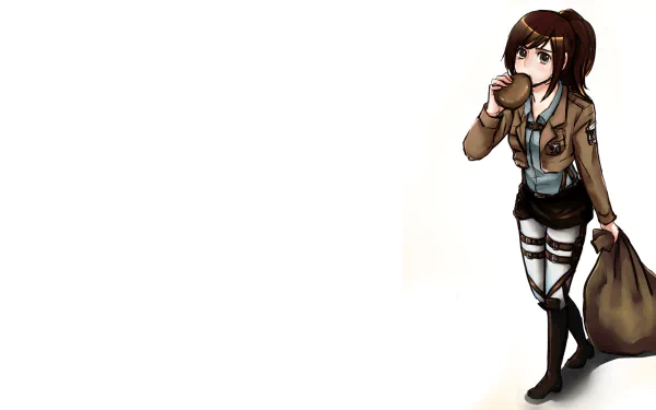 Anime HD desktop wallpaper featuring Sasha Blouse from Attack on Titan, standing and eating with a bag in hand against a white background.