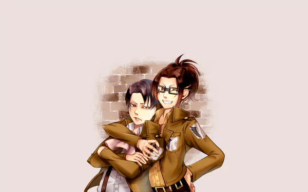 HD anime desktop wallpaper featuring Hange Zoë and Levi Ackerman from Attack on Titan, showcasing their close bond against a soft, light background.