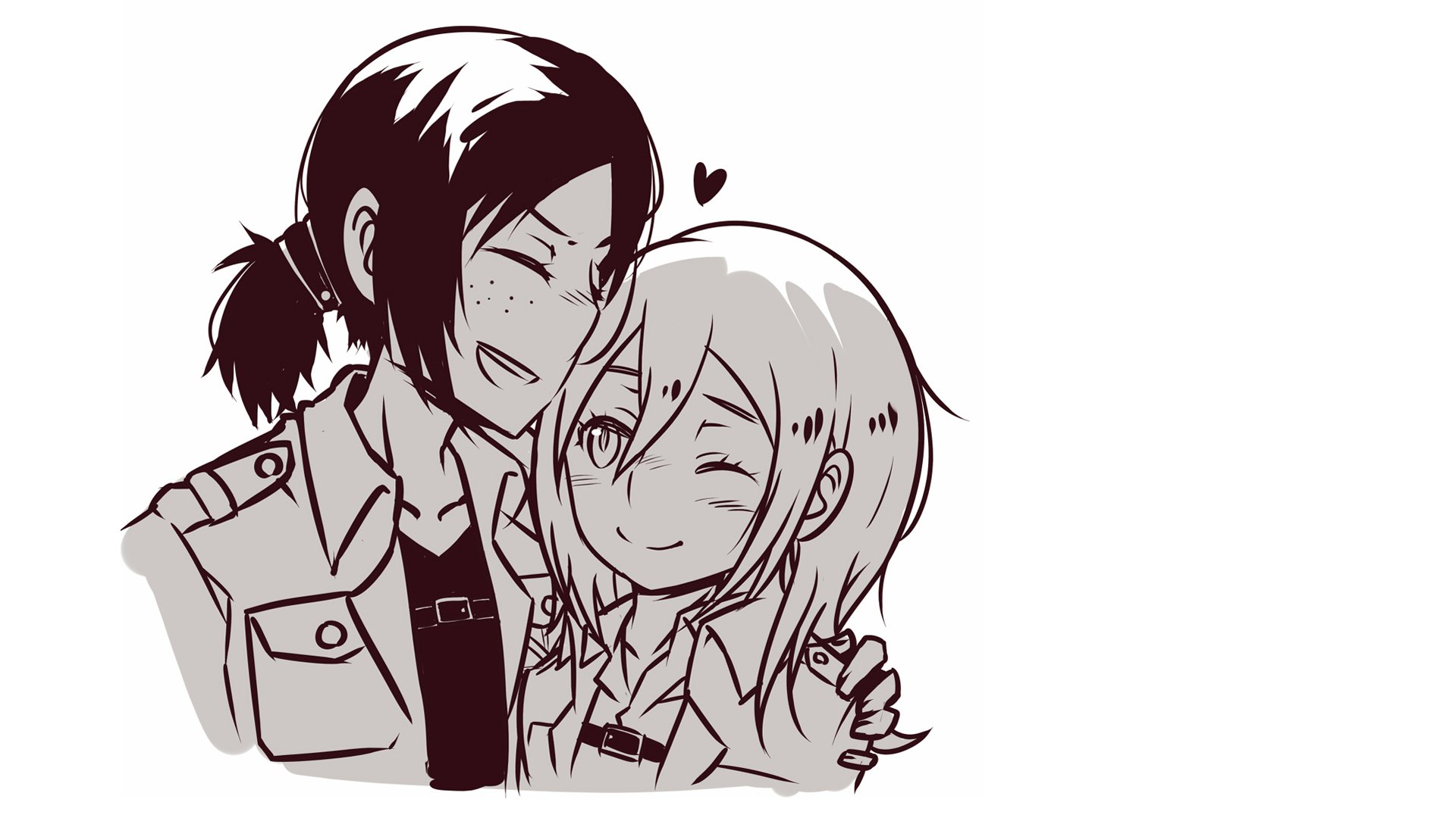 Monochrome HD anime desktop wallpaper featuring Ymir and Historia Reiss from Attack on Titan, sharing a close, affectionate moment with a small heart above them.