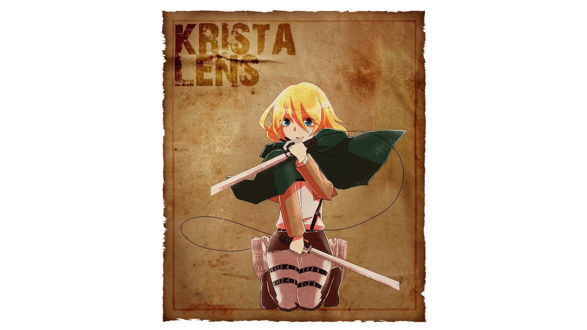 HD PC wallpaper of Krista Lenz (Historia Reiss) from Attack on Titan — blonde anime woman in Survey Corps cloak kneeling with twin blades on a worn parchment background.