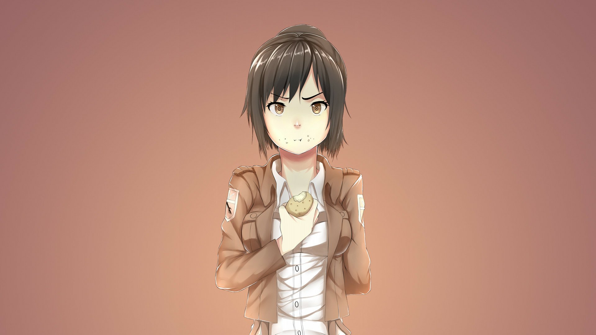 Anime HD PC desktop wallpaper of Sasha Blouse (Attack on Titan), front-facing in her Survey Corps jacket, holding a snack against a warm gradient background.