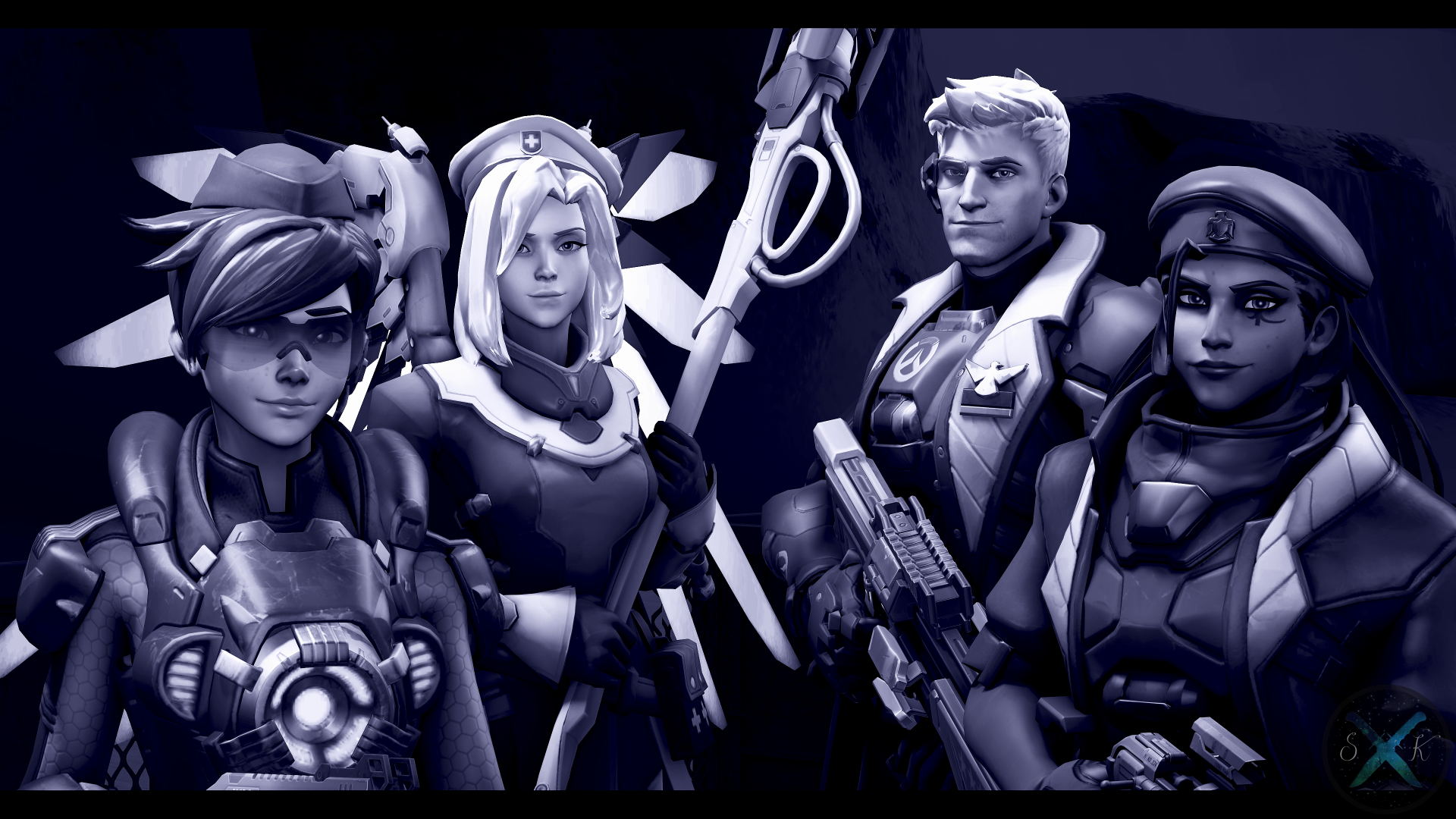 4K Ultra HD PC wallpaper of Overwatch video game characters Tracer, Mercy, Soldier: 76 and Ana posed together in a stylized desktop background.