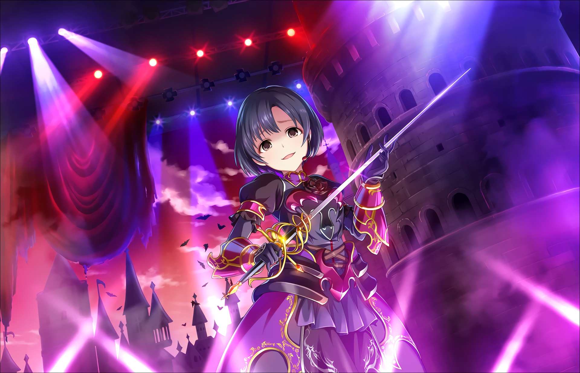 HD anime wallpaper featuring Hotaru Shiragiku from THE iDOLM@STER: Cinderella Girls Starlight Stage, depicted in detailed stage lighting with vibrant purple and red hues.
