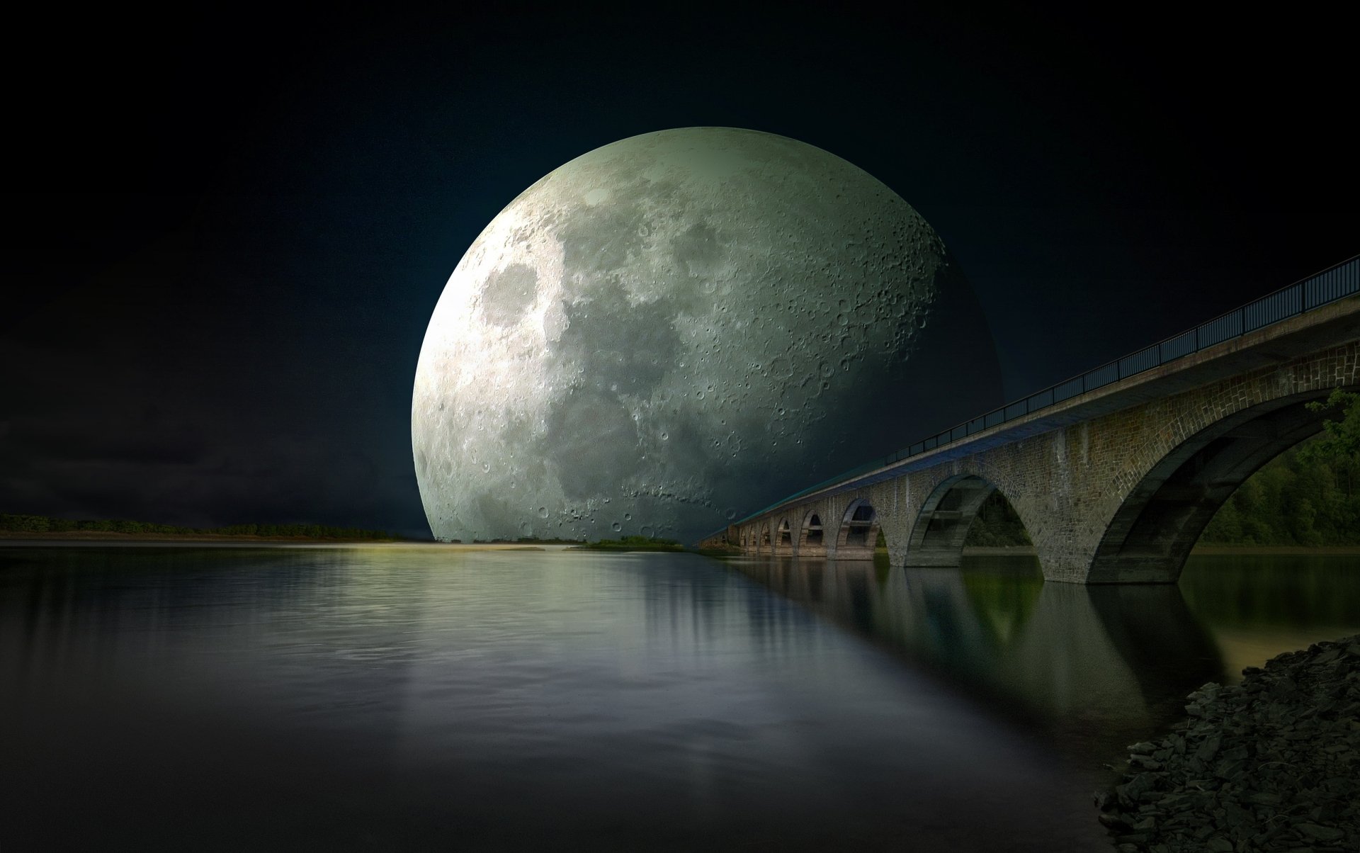 Moon Rising over a Bridge 电脑壁纸，桌面背景 | 3200x2007 | ID:833446