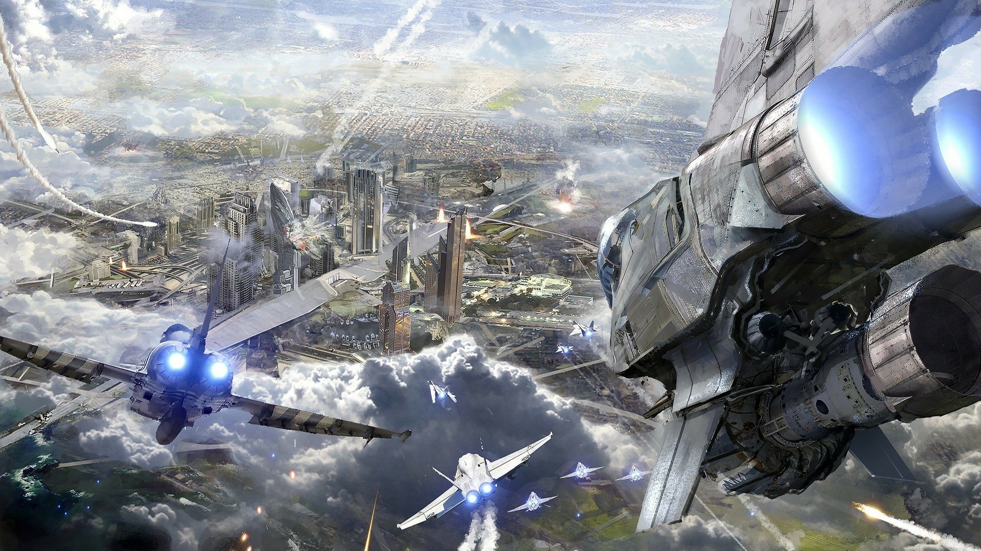 Futuristic sci-fi cityscape with towering skyscrapers and intense aerial battle involving advanced spaceships, depicted in a high-definition PC desktop wallpaper.