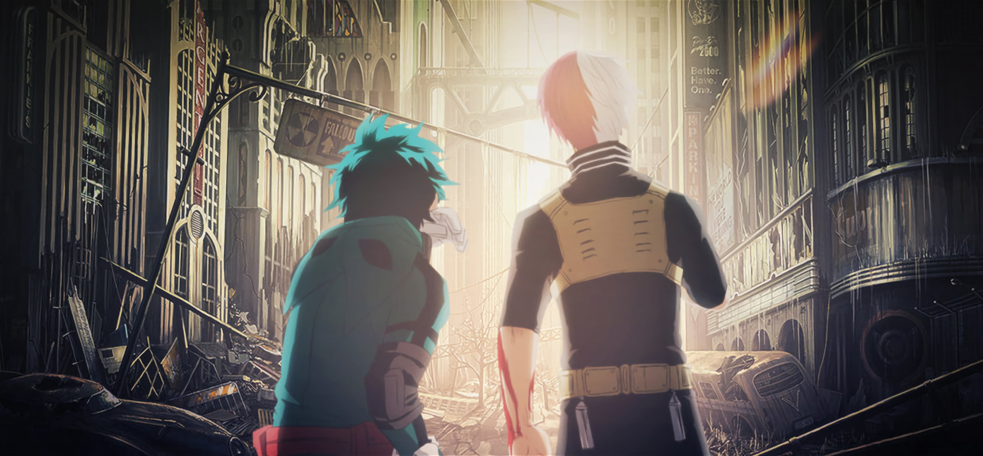 HD desktop wallpaper featuring Izuku Midoriya and Shoto Todoroki from the anime My Hero Academia, standing together in a post-apocalyptic setting with sunlight streaming through tall, damaged buildings.
