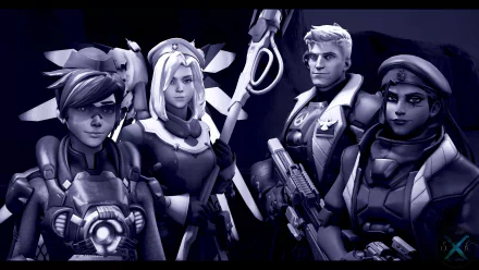 4K Ultra HD PC wallpaper of Overwatch video game characters Tracer, Mercy, Soldier: 76 and Ana posed together in a stylized desktop background.