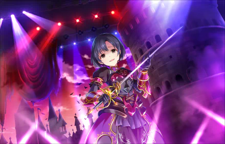 HD anime wallpaper featuring Hotaru Shiragiku from THE iDOLM@STER: Cinderella Girls Starlight Stage, depicted in detailed stage lighting with vibrant purple and red hues.