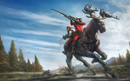 A sci-fi warrior in red armor rides a machine gun-wielding moose across a Canadian landscape, wielding a rifle, in this HD desktop wallpaper and background.