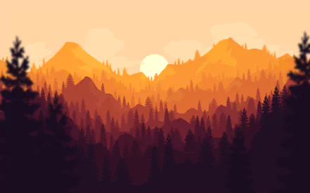 HD desktop wallpaper featuring a sunset over mountains inspired by the video game Firewatch. The scene showcases vibrant orange and red hues with silhouettes of trees against the setting sun.
