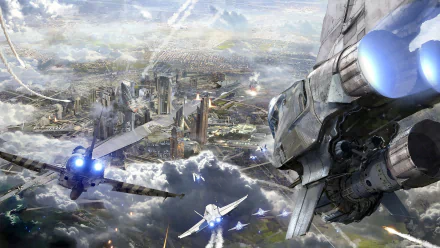 Futuristic sci-fi cityscape with towering skyscrapers and intense aerial battle involving advanced spaceships, depicted in a high-definition PC desktop wallpaper.