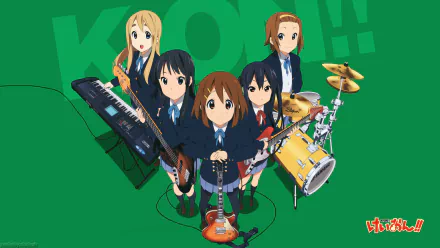 HD anime wallpaper featuring the K-ON! girls—Yui, Mio, Ritsu, Tsumugi, and Azusa—in school uniforms with pantyhose, holding musical instruments against a green background.
