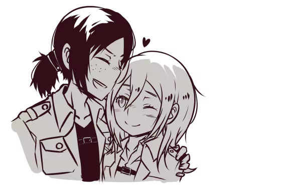 Monochrome HD anime desktop wallpaper featuring Ymir and Historia Reiss from Attack on Titan, sharing a close, affectionate moment with a small heart above them.